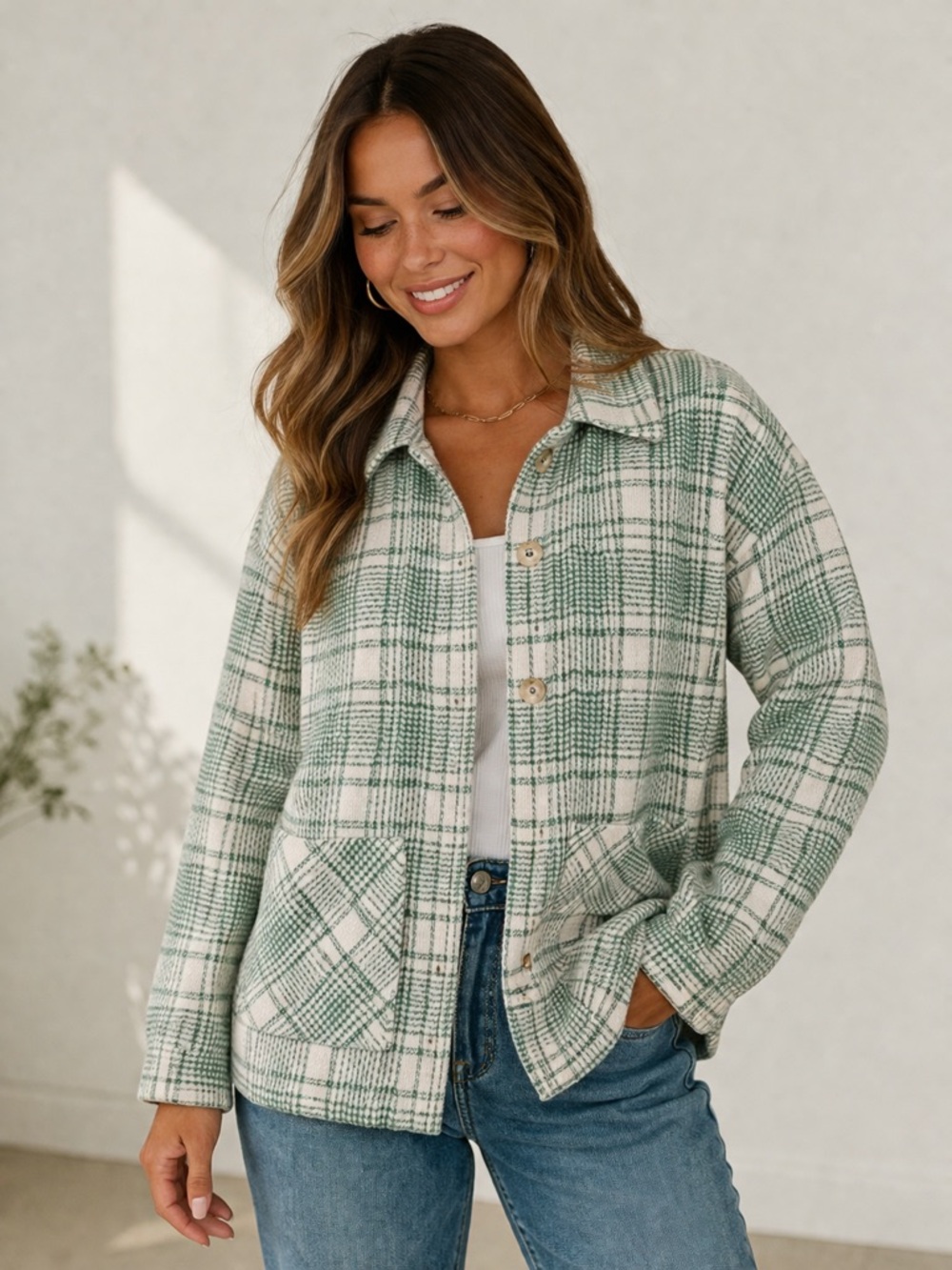 Ott Green & White Plaid Button Front Shacket Jacket – Size M/L